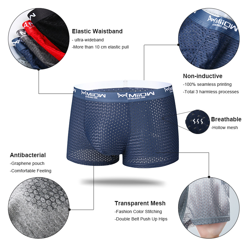 MiiOW 3 pièces Sexy maille hommes caleçon boxeur graphène antibactérien mâle culotte glace soie caleçon respirant 4XL Boxershort 2022