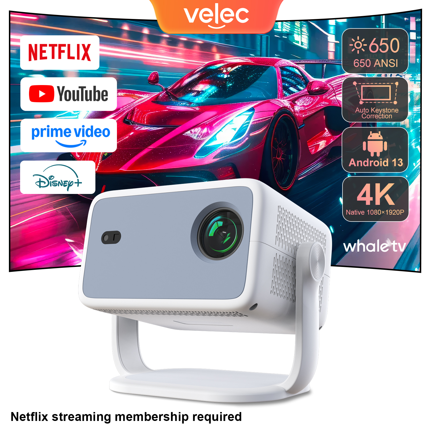 Velec Projector Compatible with Netflix  Android 13 4K Native 1080P 650ANSI With Auto Focus Wifi6 BT5.2 Home Outdoor Projector