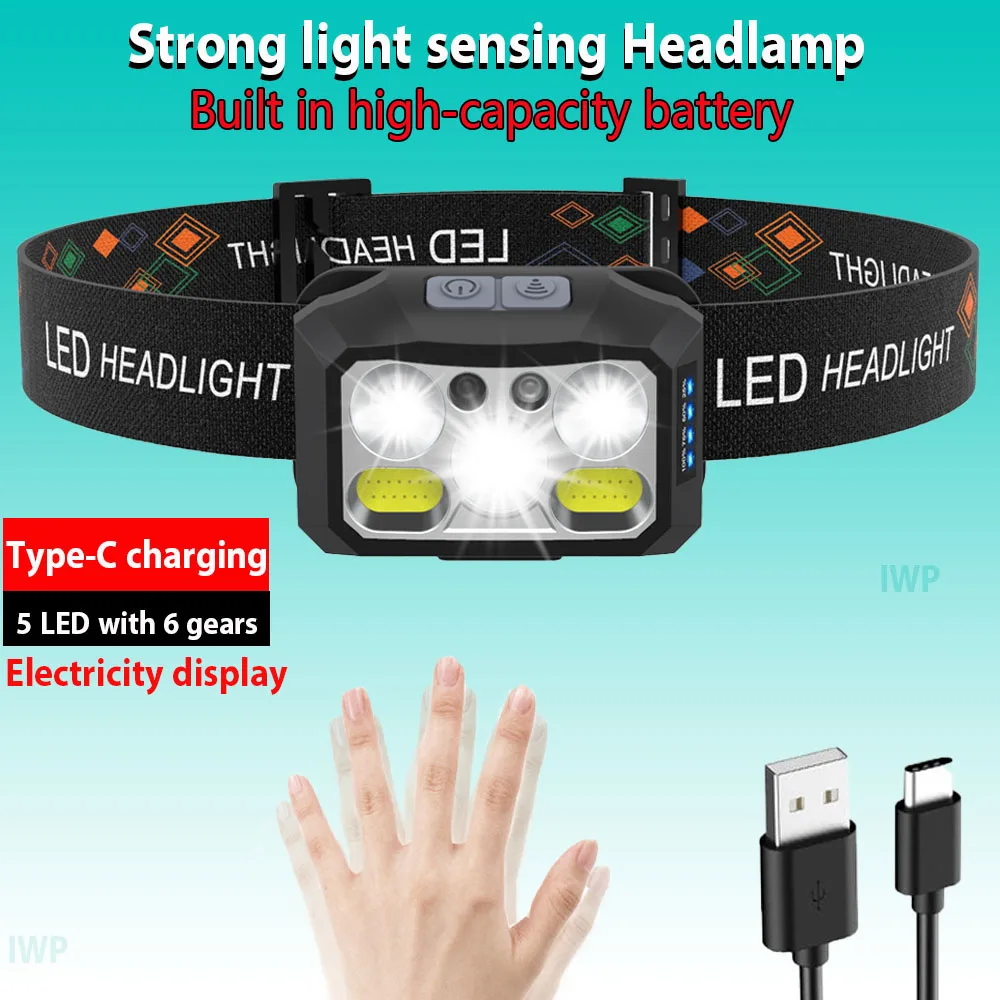 Headlamp Flashlight Super Bright LED Rechargeable Headlight with White Red Light Waterproof Motion Sensor Head Lamp for Fishing