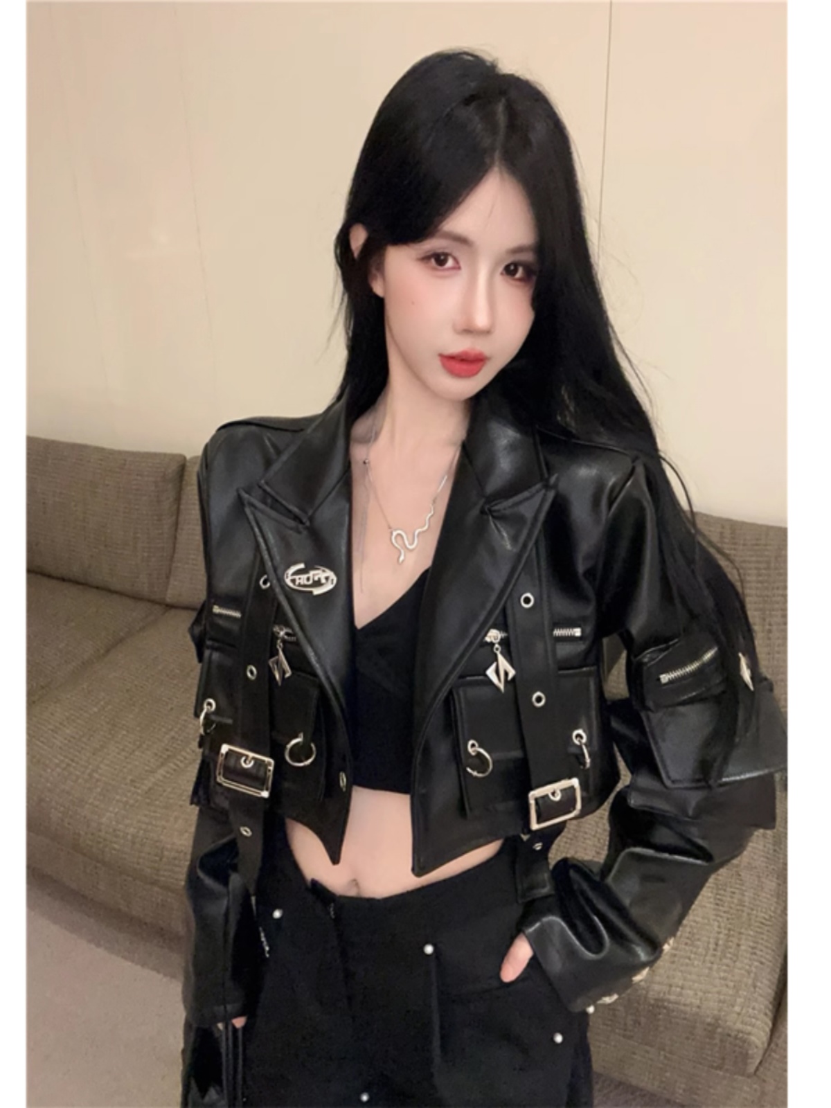 Jaqueta de Couro PU com Design de Zíper Resistente para Mulheres, Novo Estilo de Início de Outono, Roupas de Motocicleta Pret...