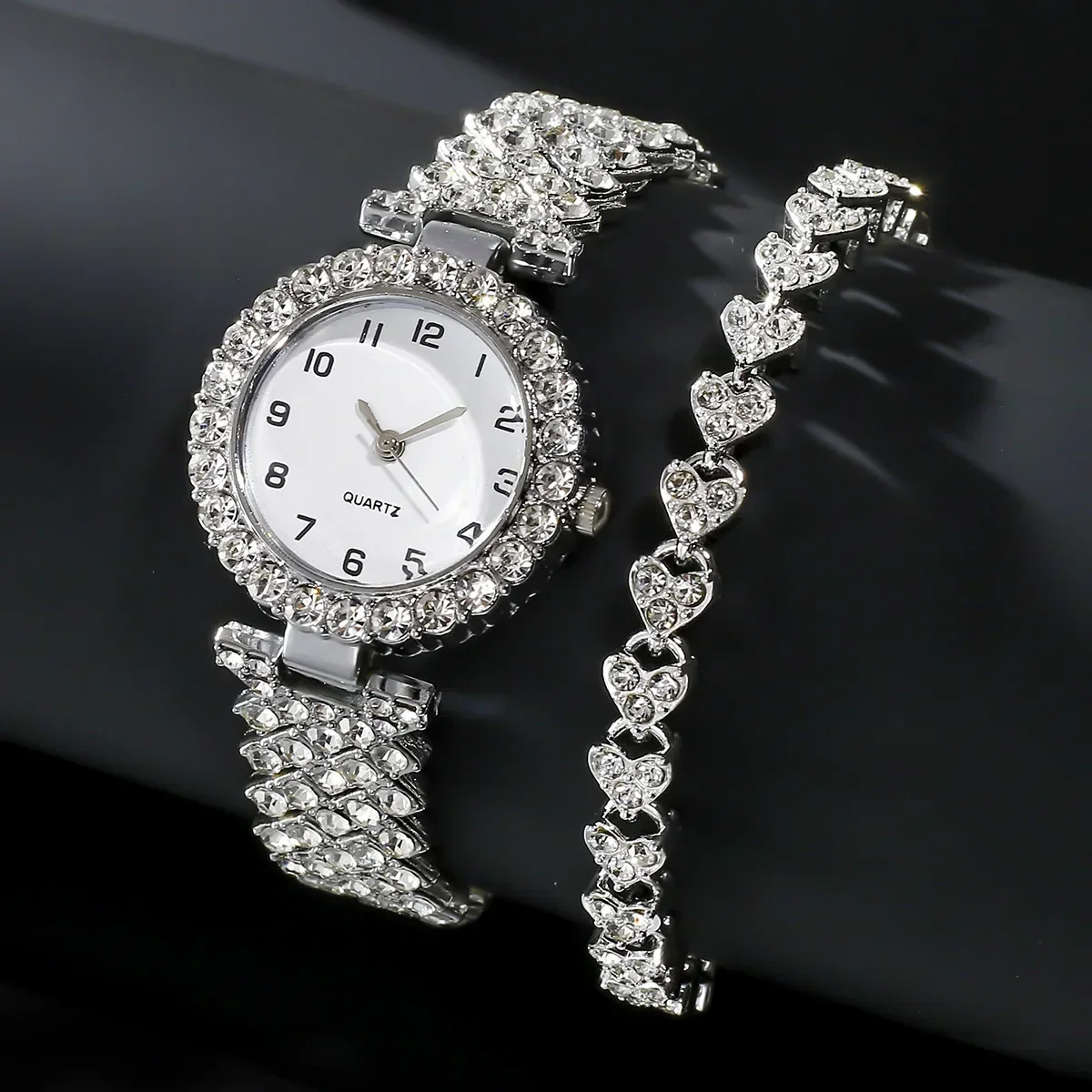 1 pçs/2 pçs moda de luxo conjunto relógio feminino pulseira prata senhoras quartzo relógio de pulso liga pulseira para senhoras conjunto jóias relógio presente