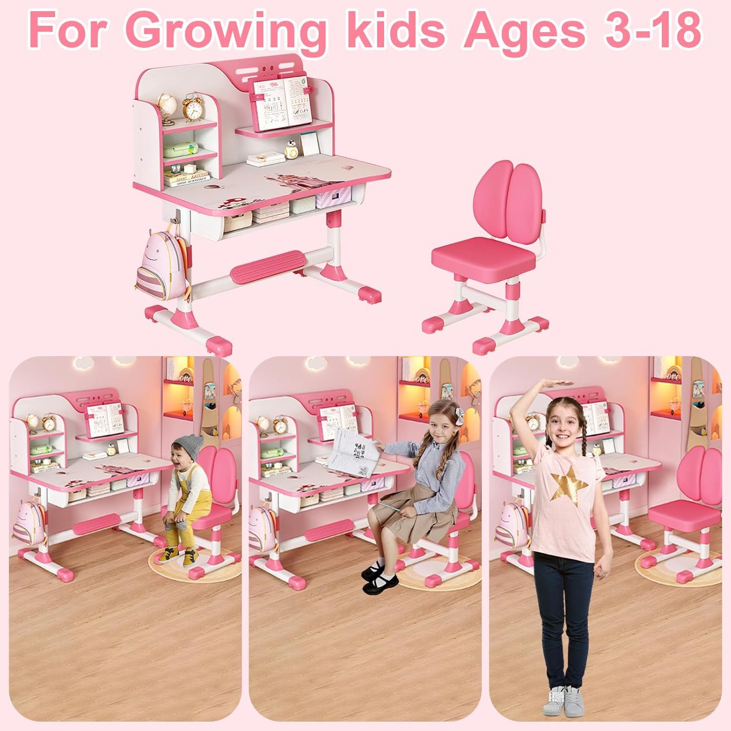 Kids Desk and Chair Set, Height Adjustable Table with Writing Board, Bookshelf, and Drawer, Pink