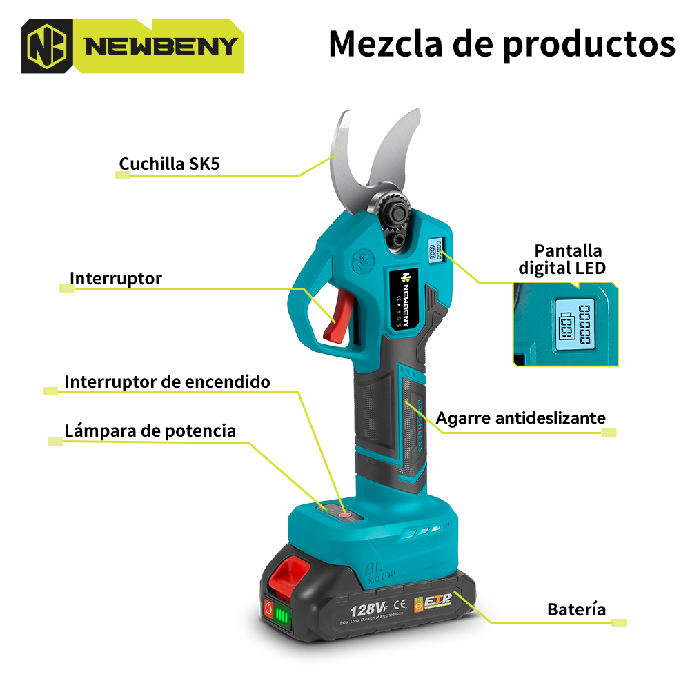 NEWBENY-tijeras de podar eléctricas sin escobillas, 30mm, 4 engranajes, inalámbricas, para jardín, árboles frutales, bonsái, herramienta de embellecer para Pin de batería Makita