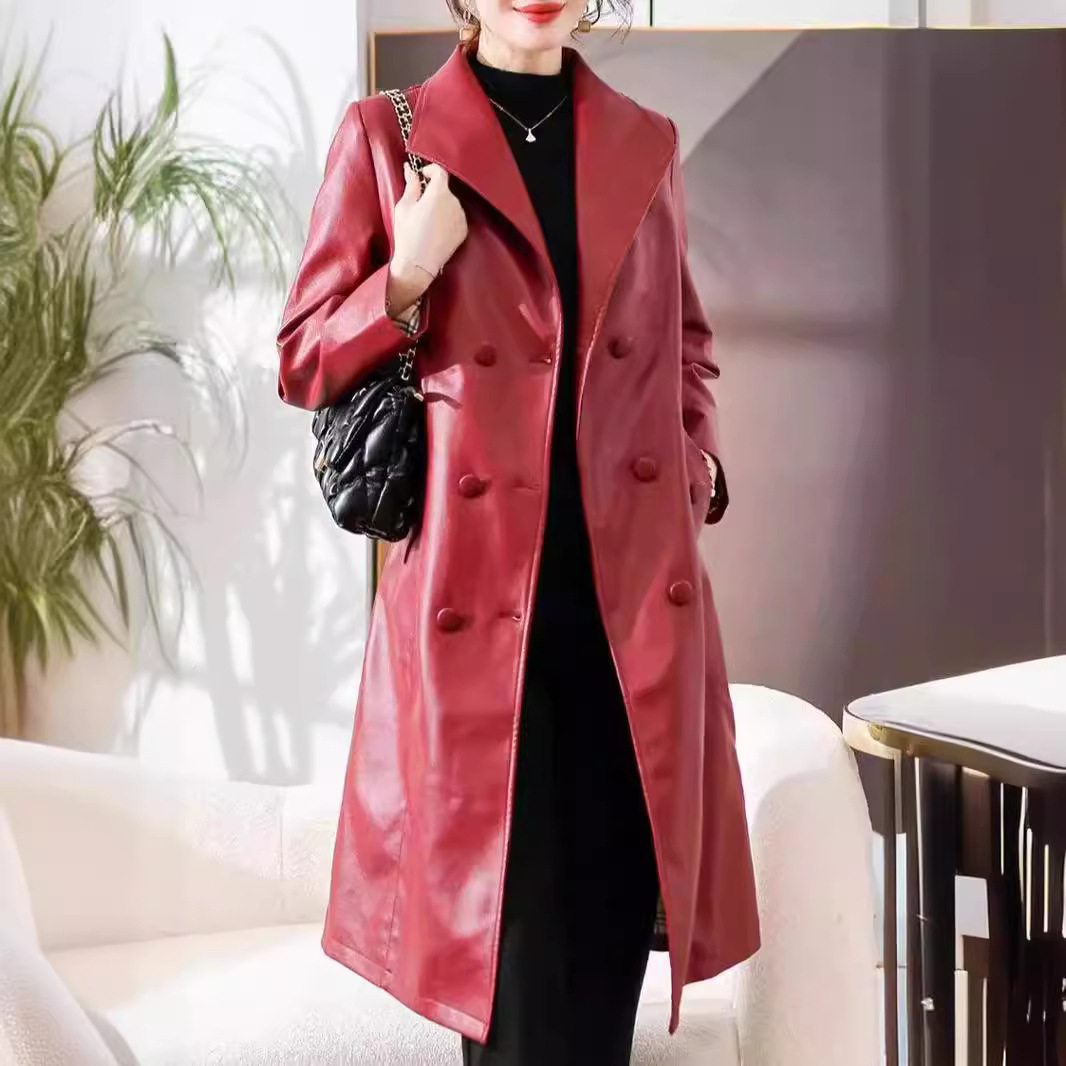 女性用本革トレンチコート,膝上の羊,長い中国製,秋冬用,新しい,2024