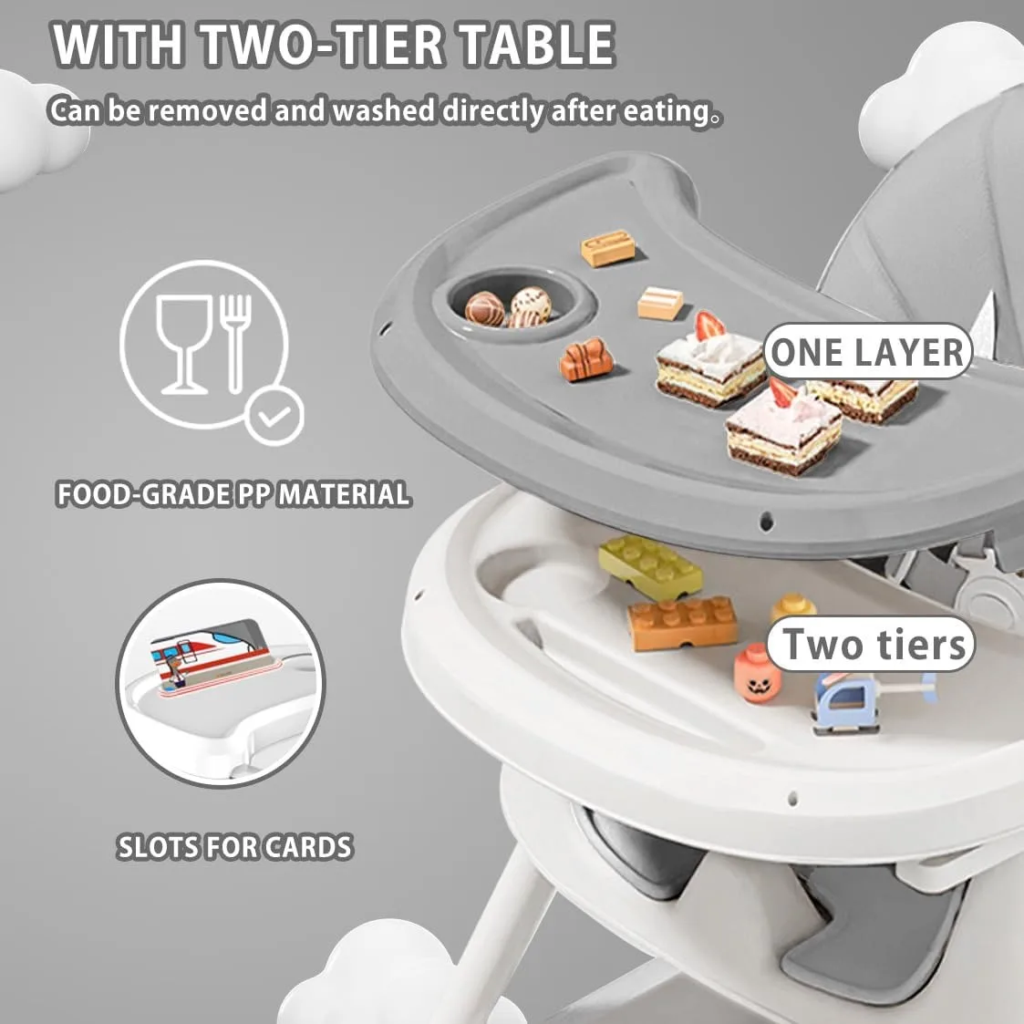 Cadeira alta para bebês 3 em 1, cadeiras de jantar portáteis dobráveis para bebês, cadeira alta conversível para comer e brincar com prato de jantar de camada dupla