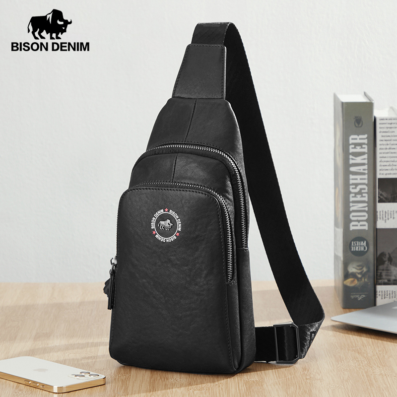Bison denim novo saco de peito couro genuíno crossbody sacos dos homens multifuncional zíper bolsa ombro casual pacote cintura peito