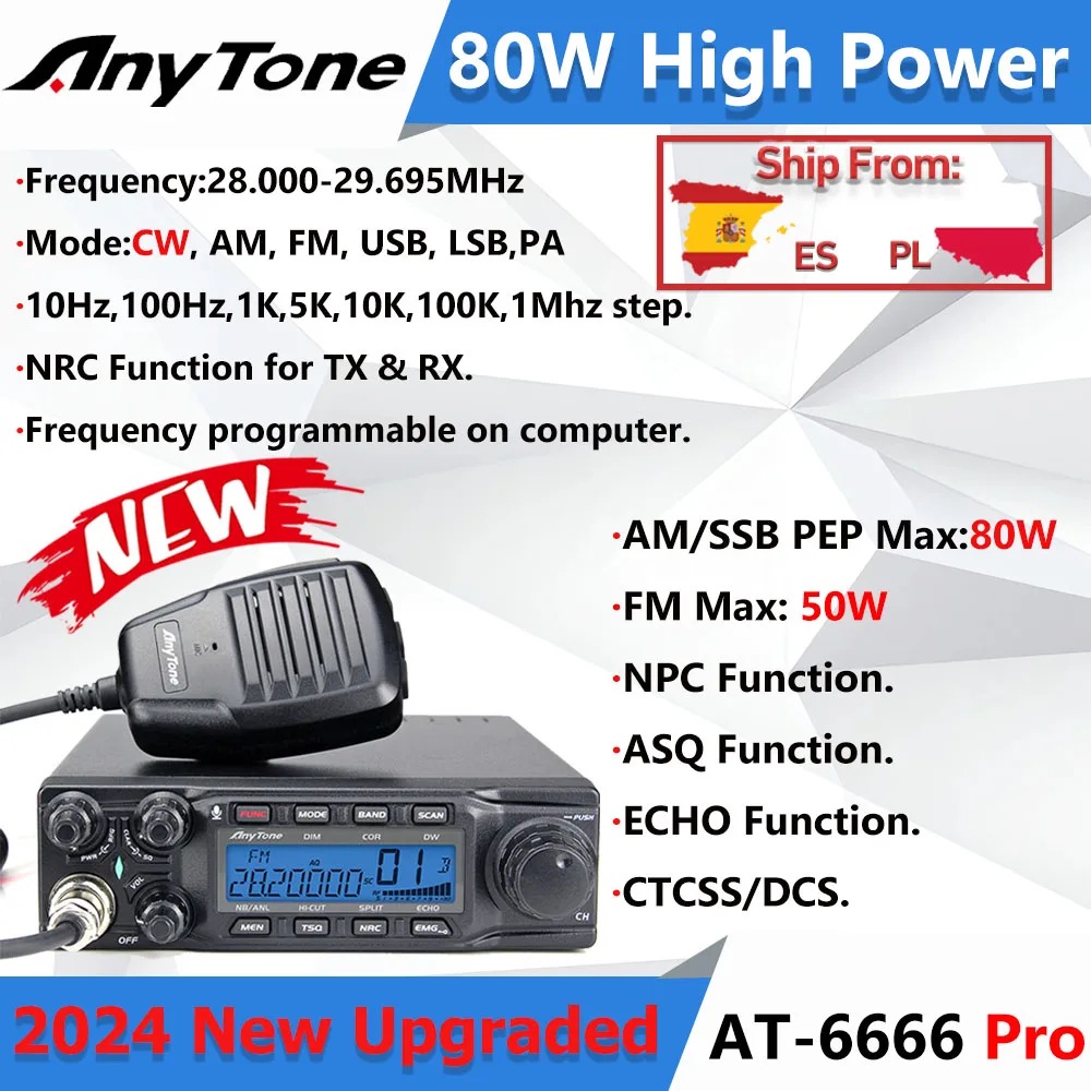 2024 Neues Anytone AT-6666Pro 80 W Hochleistungs-28,000-29,695 MHz 10 Meter Radio CW/AM/FM/USB/LSB/PA-Modus 40-Kanal-Auto-Mobilfunkgerät
