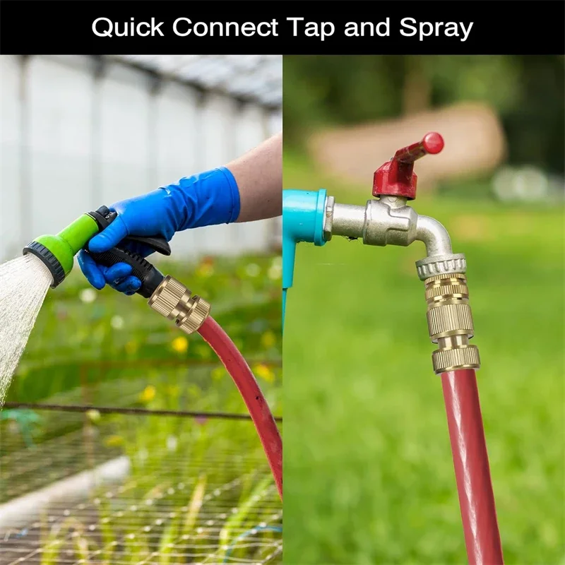Conector de manguera de jardín, conector de grifo de jardín de latón macizo, conector de grifo 2 en 1 de 1/2 pulgadas y 3/4 pulgadas, accesorios de manguera de conexión rápida