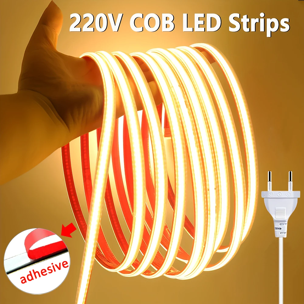 Led Strip 220V Self-adhesive COB Led Strip Lights No Need Driver Flexible Ribbon for Room Kitchen Outdoor Garden
