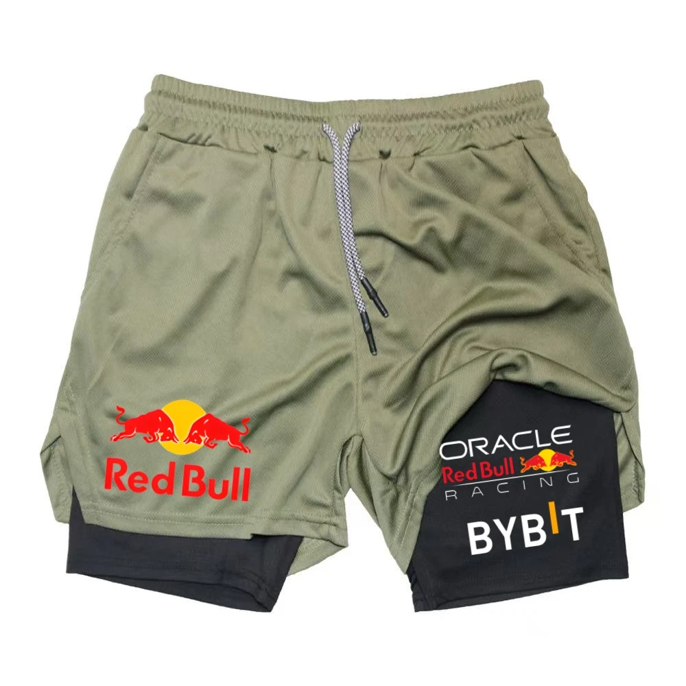 New Men's 2-in-1 Red Bull Sports Shorts Breathable Casual Quick Drying Double-layer Summer Running M-5XL