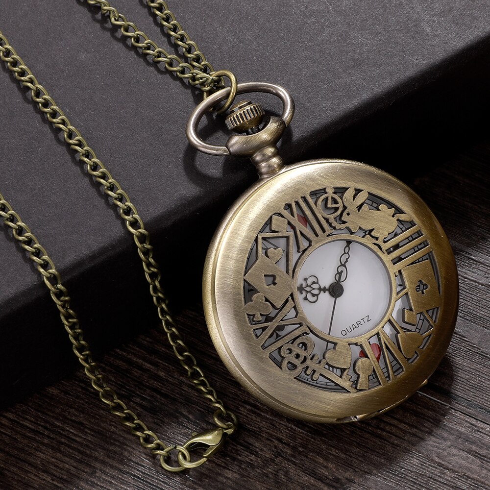 Neue Bronze Quarz Taschenuhr Retro Alice Thema Tasche Fob Uhr Anhänger Halskette Taschenuhr Männer Damen Geschenk