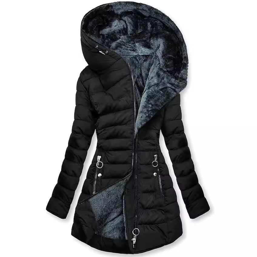 Mulheres parkas com capuz sólido zíper splice midi casacos manga longa bolsos fino ajuste grosso casaco casual parka inverno quente 2024