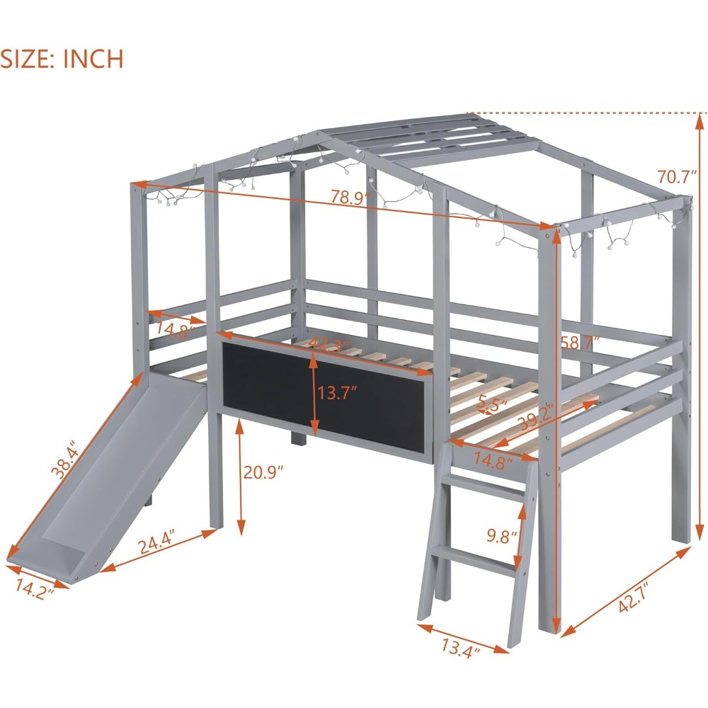 Harper & Bright Designs Kids House Loft Bed with Slide, Twin Size Low Loft Bed with LED Lights & Blackboard, Wood Playhouse Loft