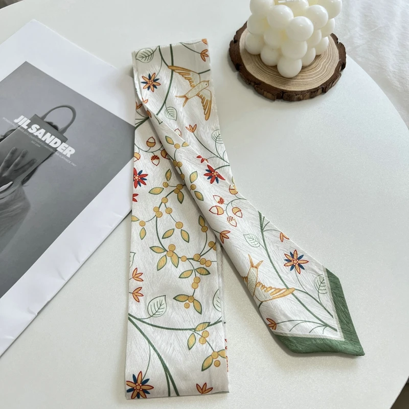 Diadema con estampado de Floret para mujer, bolso de satén de seda, bufanda para mujer, cinta para la muñeca larga delgada, bufandas para el cuello, bufandas para el cabello para mujer