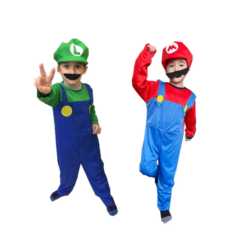 Kids Mario Brother Cosplay Costume Boys Girls Anime Fantasy Romper Party Long Sleeve Dress Hat
