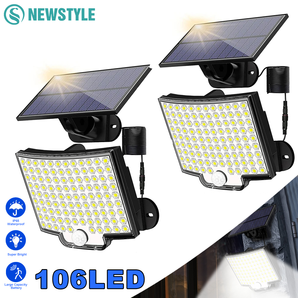 106 luces de inundación solares LED para exteriores, Sensor de movimiento con control remoto, luz de seguridad con energía Solar, luces de pared de atardecer al amanecer para garaje
