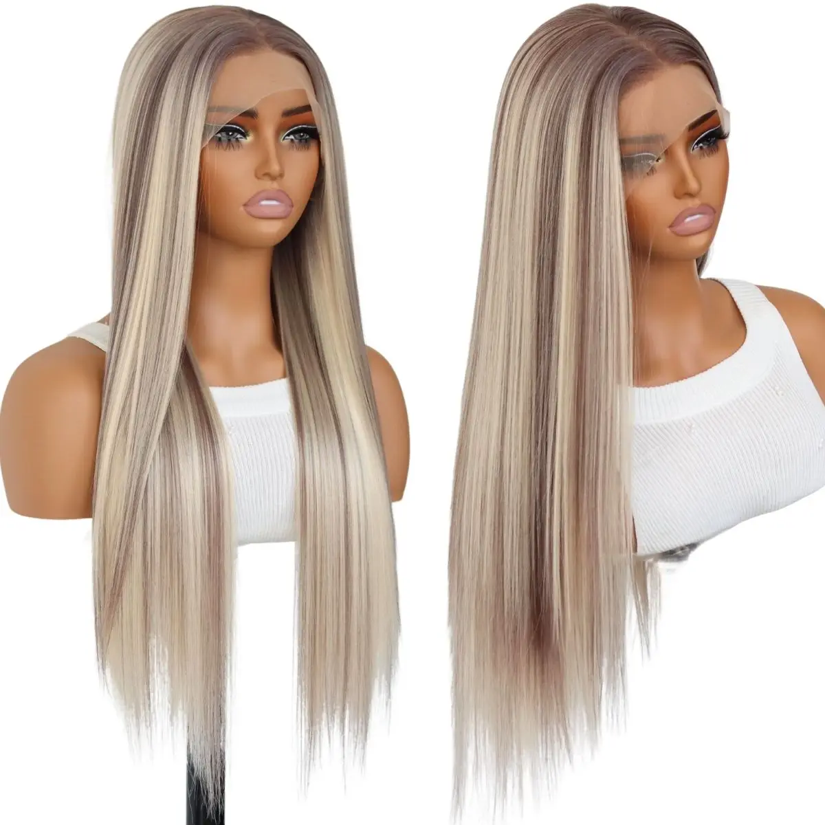 Peruka typu lace front, prosty krój, ombre brąz z blondem, syntetyczna peruka lace front 13x4 dla kobiet, 24 cale.