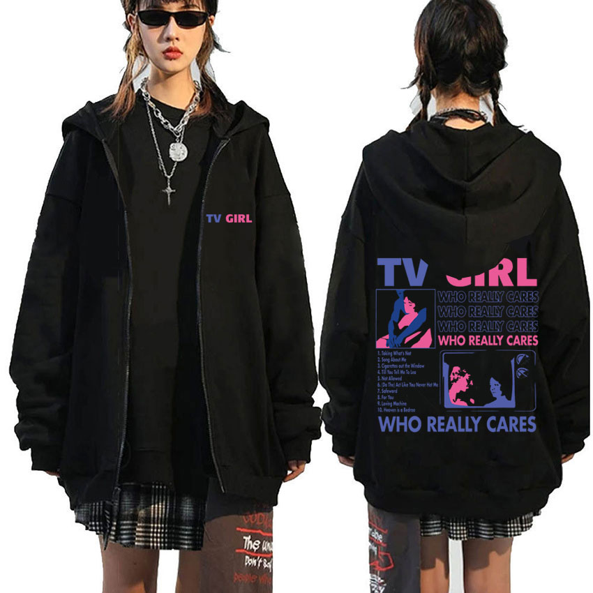 Sudadera con capucha con estampado gráfico de TV Girl Who Really Cares para hombre y mujer, chaqueta informal de gran tamaño con cremallera, sudaderas de lana para hombre