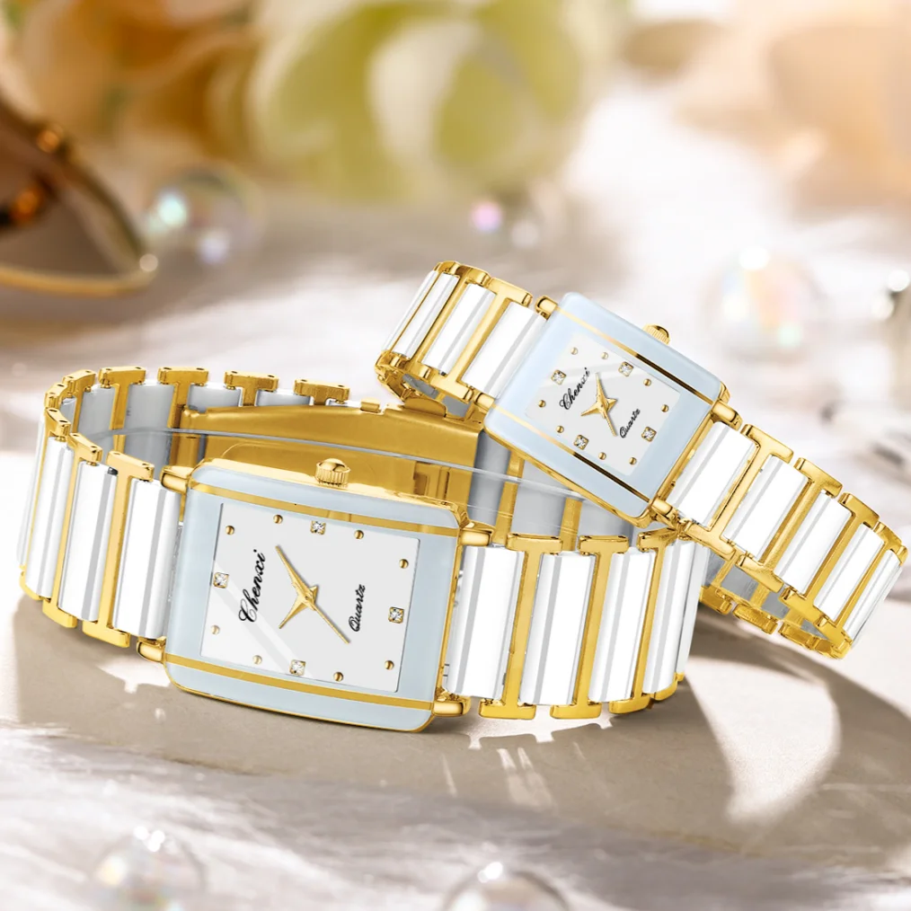 CHENXI 104A modne zegarki dla par prostokątny zegarek kwarcowy dla kobiet mężczyzn miłośników symulowanej ceramiki relojes para damas reloj mujer
