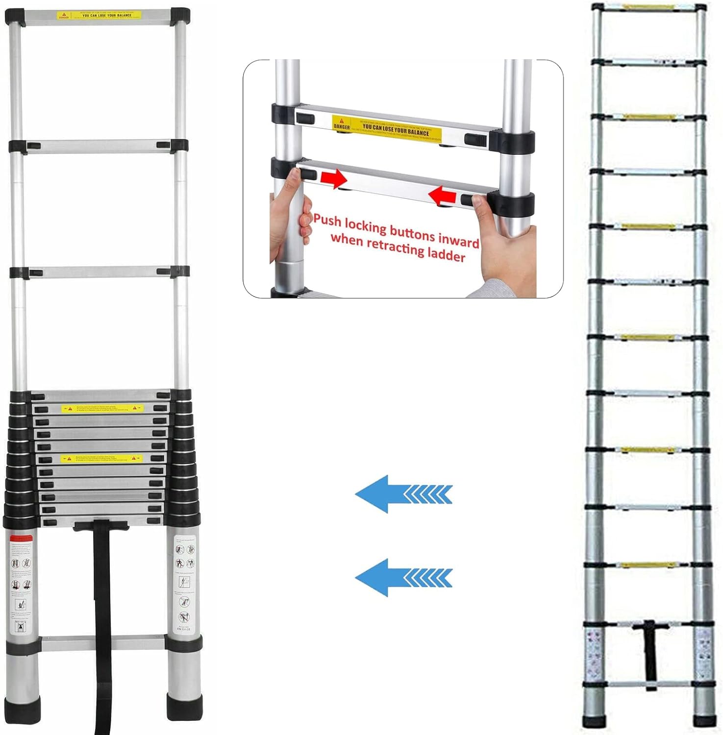 Escada telescópica de alumínio, 4.59-12.47 pés, dobrável, portátil, extensão de loft, capacidade de carga máxima, 150kg/330lb, leve