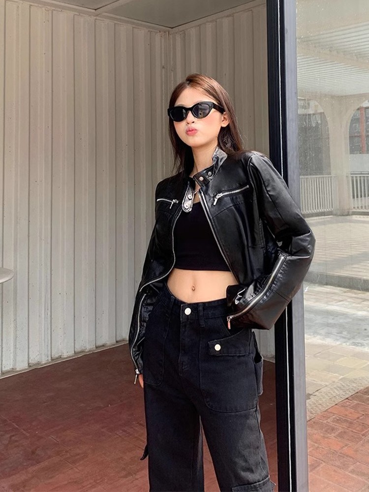 Spring 2025 Women's Slim Fit Short Leather Jacket American Retro Sle Sexy Girl High End Feelings Outerwear Zipper Design