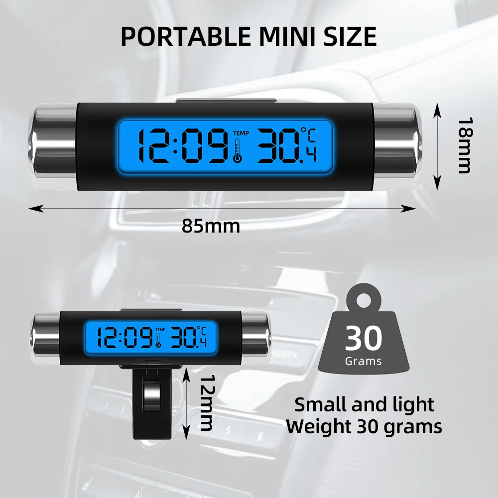 Portátil 2 em 1 carro digital lcd relógio de temperatura display relógio eletrônico termômetro carro automotivo luz de fundo azul com clipe