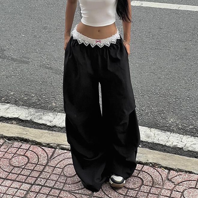 Street Lace Embroidery Casual Pants Women's Low Waist Loose Look Thin Spicy Girl Wide Leg Pants