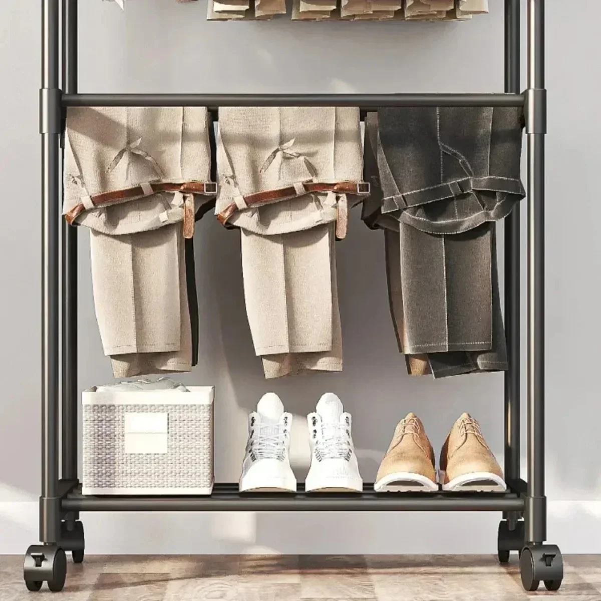 Doppel Stange Kleidung Rack Beweglichen Garderobe Schlafzimmer Wohnzimmer Teleskop Boden Kleiderbügel Mit Wheele Kleiderbügel Schuh Hut Lagerung Racks