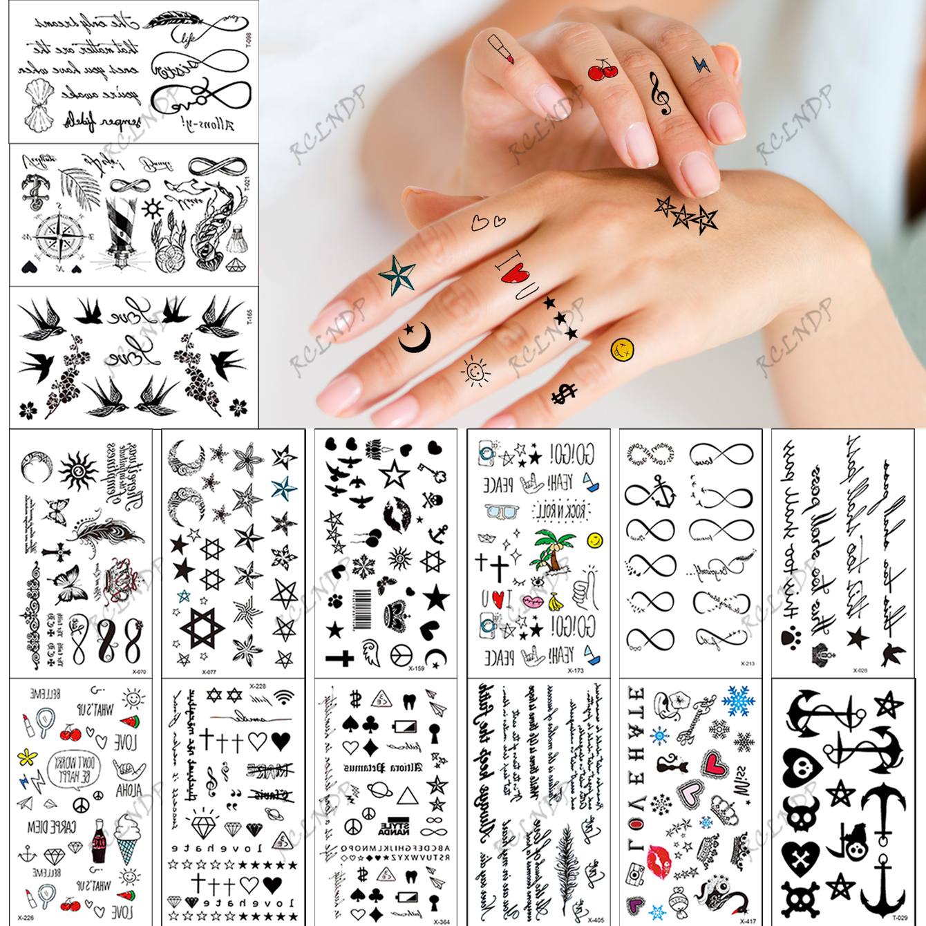 Tatuagem temporária à prova dwaterproof água adesivo inglês carta estrela lua âncora voar pássaro falso tatto flash tatoo dedo tato para menina mulher