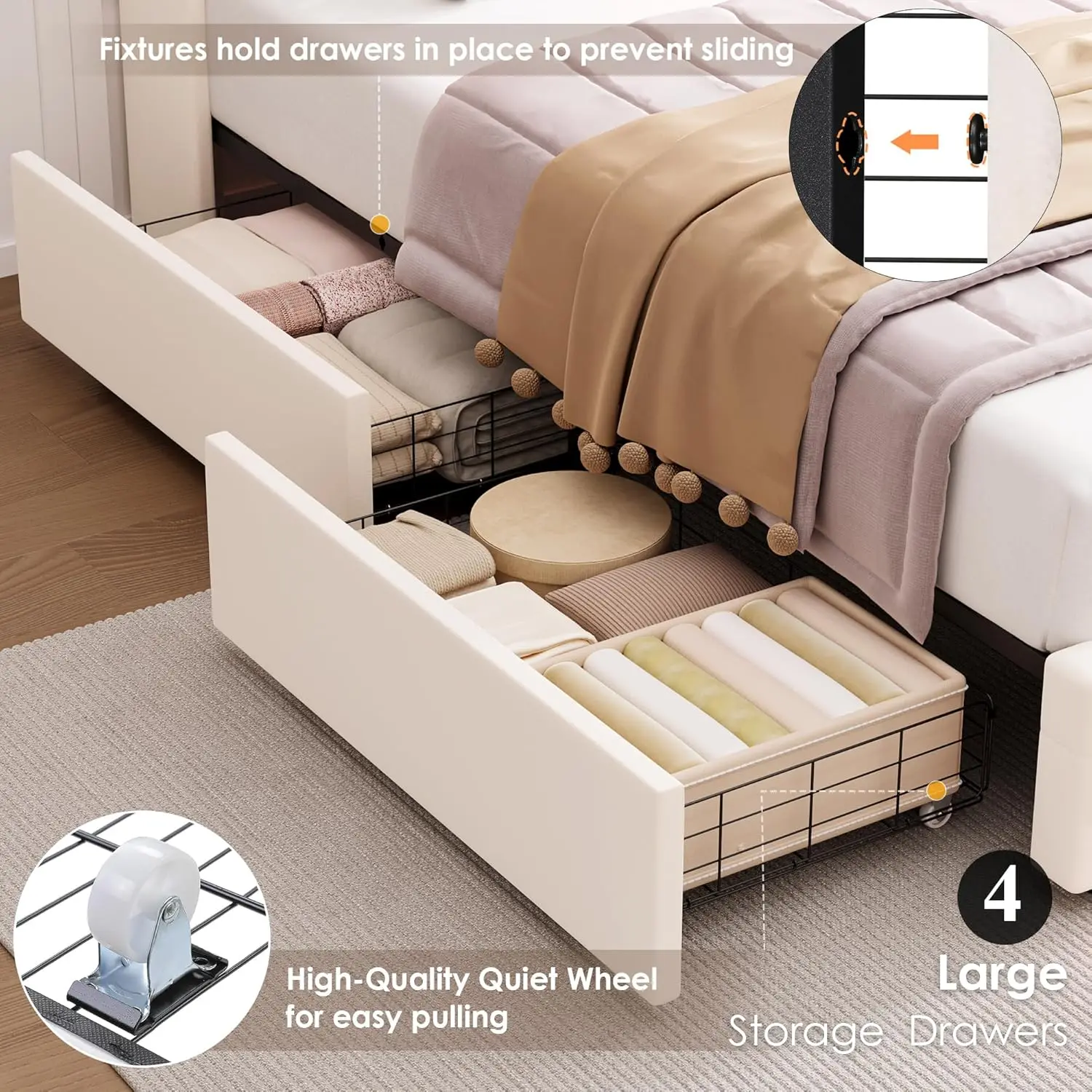 LED Bed Frame with Charging Station and 4 Storage Drawers, Velvet Upholstered Platform Bed with Handcrafted Crystal B
