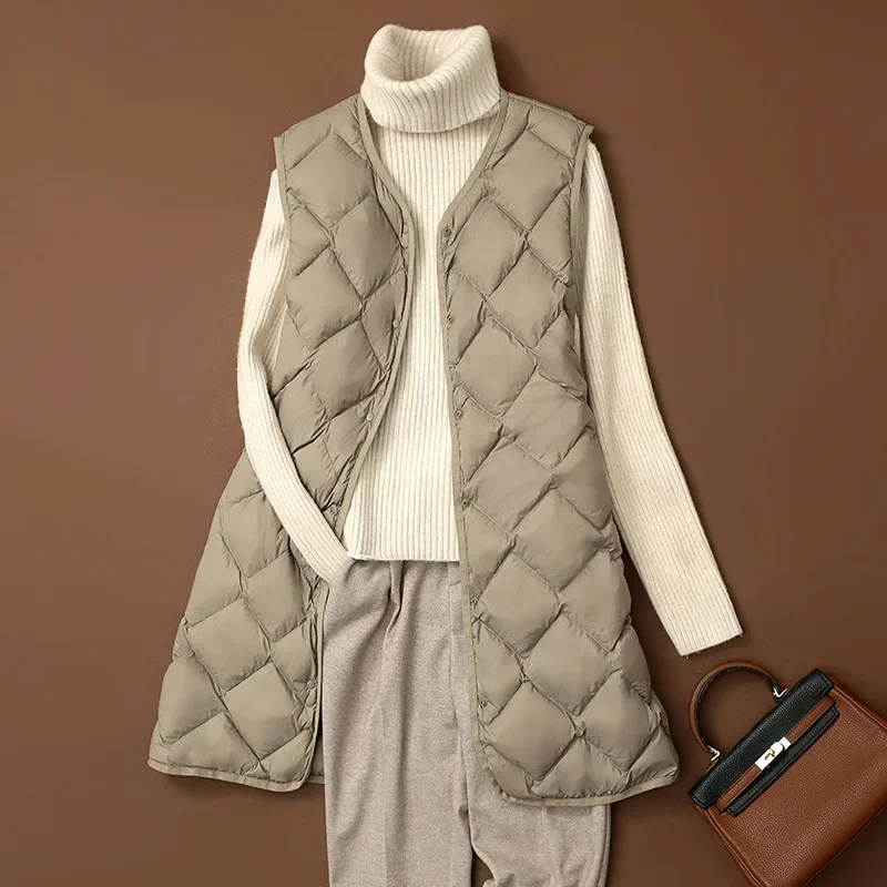 Frauen Ärmellose X-lange Ultra Licht Unten Jacken 2024 Neuheiten Herbst Winter Koreanische Mode V-ausschnitt Liner Weste Unten mäntel 3XL