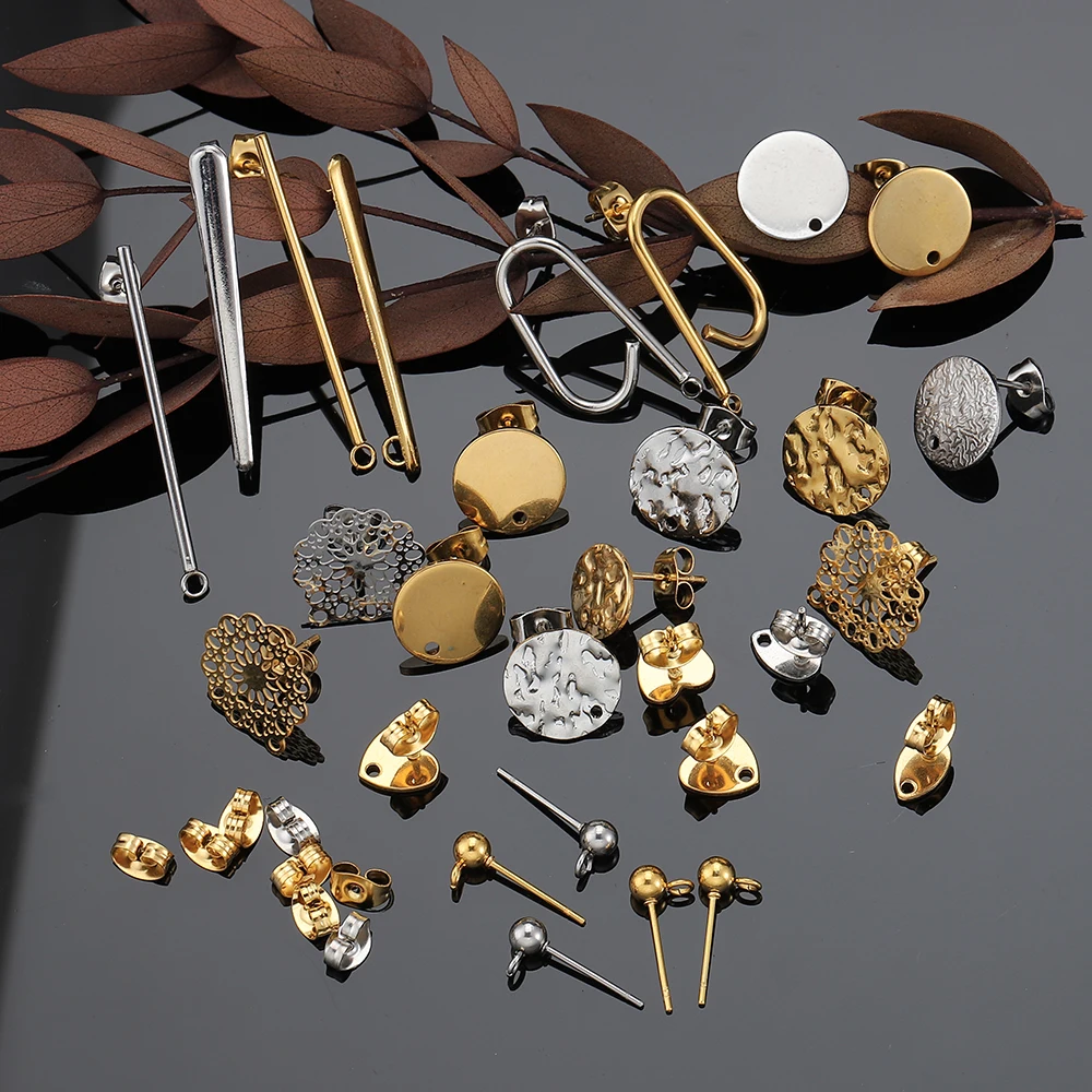 10 pçs/lote cor de ouro aço inoxidável em branco brinco studs base pinos com brinco plug orelha volta para diy jóias fazendo descobertas
