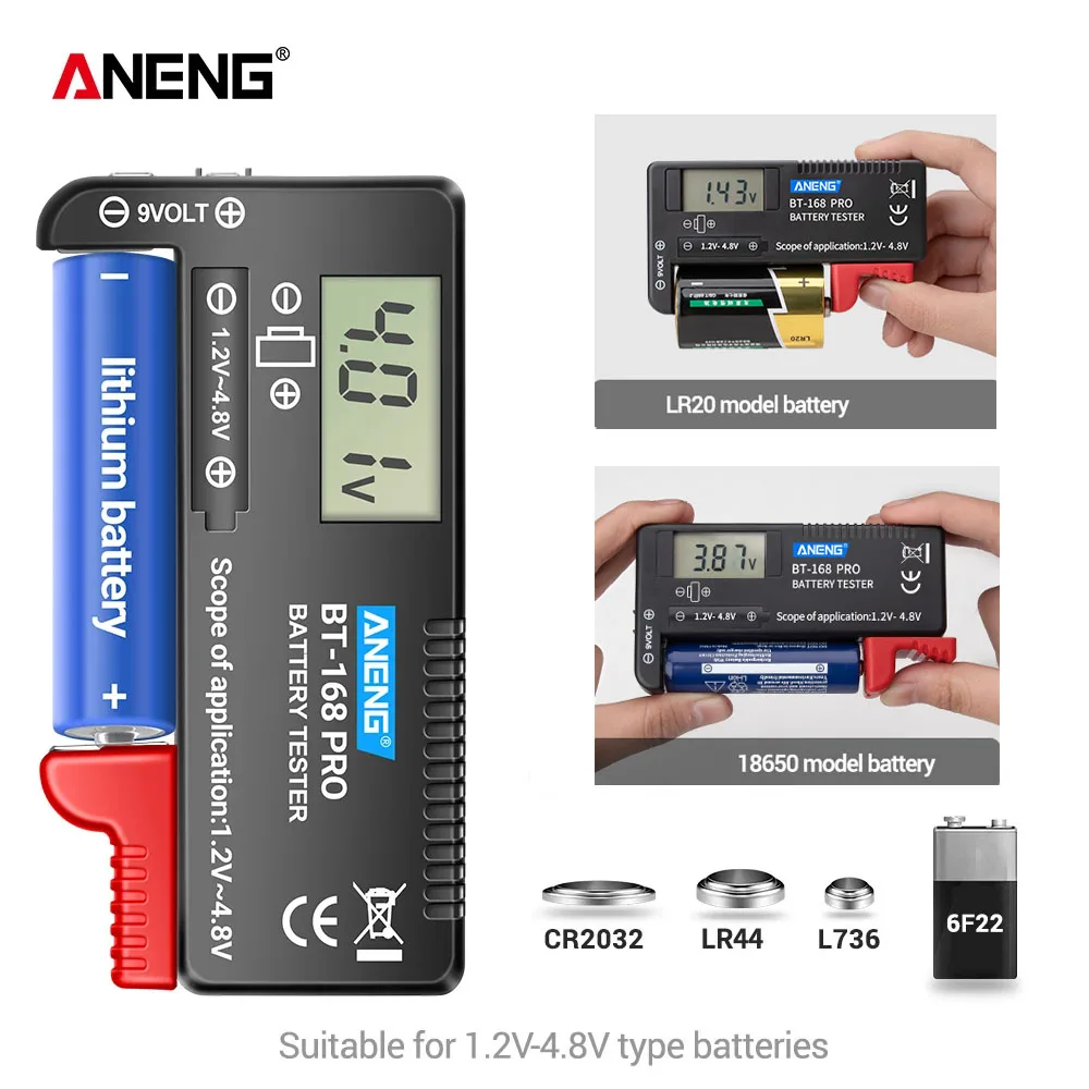 バッテリー容量テスター ANENG 168 PRO ユニバーサルバッテリーテスターアナライザー A AA AAA 9V 1.5V リチウムボタン電池 18650 テスター