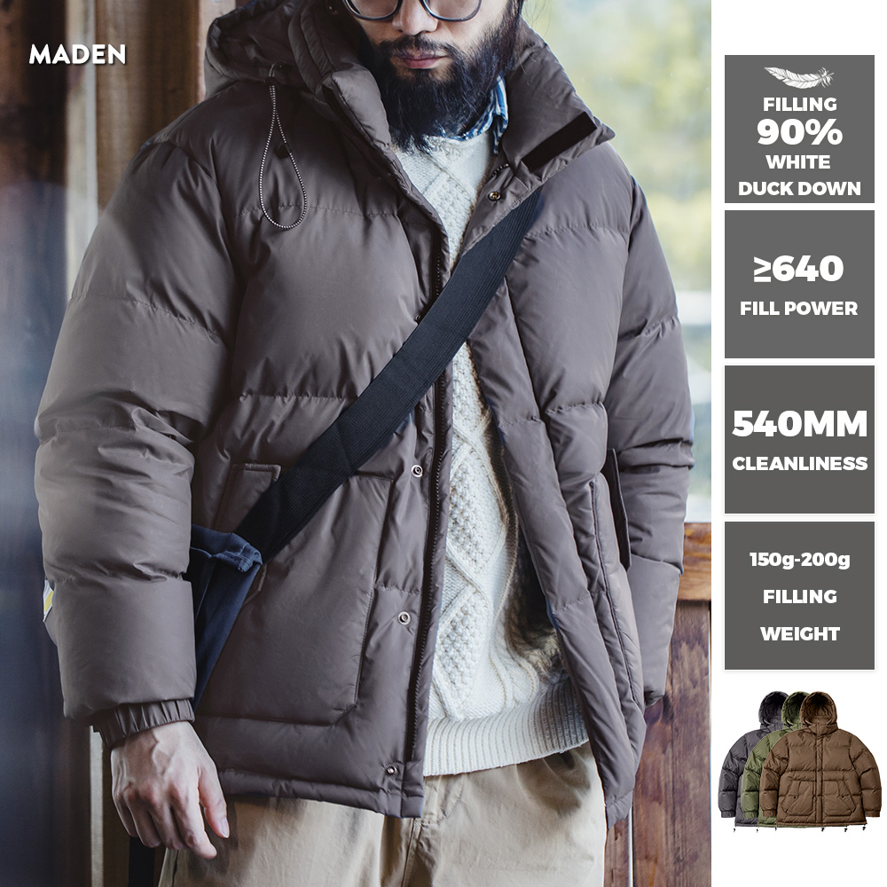 Maden Wax Surface 90 % Daunenjacke für Herren, abnehmbare Kapuze, verdickt, warm, Winter, Stehkragen, Mantel, gepolsterte Oberbekleidung für Herren
