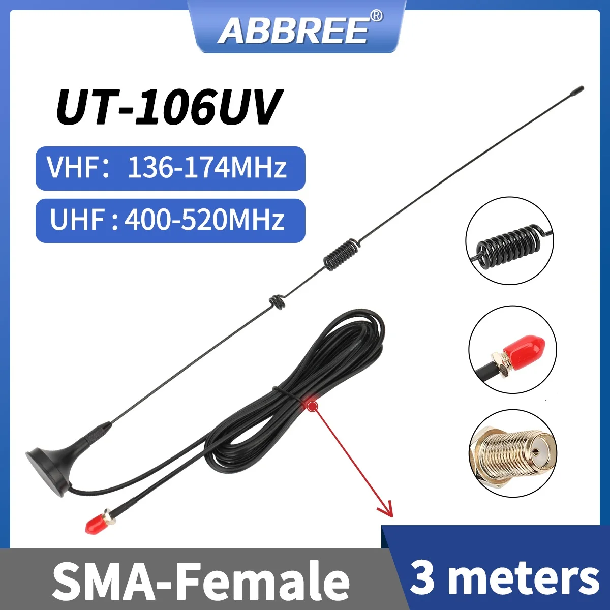UT-106UV antena de carro walkie talkie magnético sma-fêmea vhf uhf antena a bordo para UV-5R 5rh 21 pro quansheng UV-K5 rádio amador