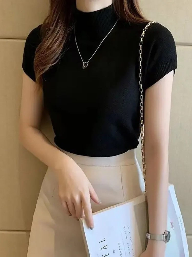 Camiseta de cuello medio alto para mujer, jersey de moda, Tops informales, ropa elegante de estilo coreano de color sólido, temporada de primavera y verano