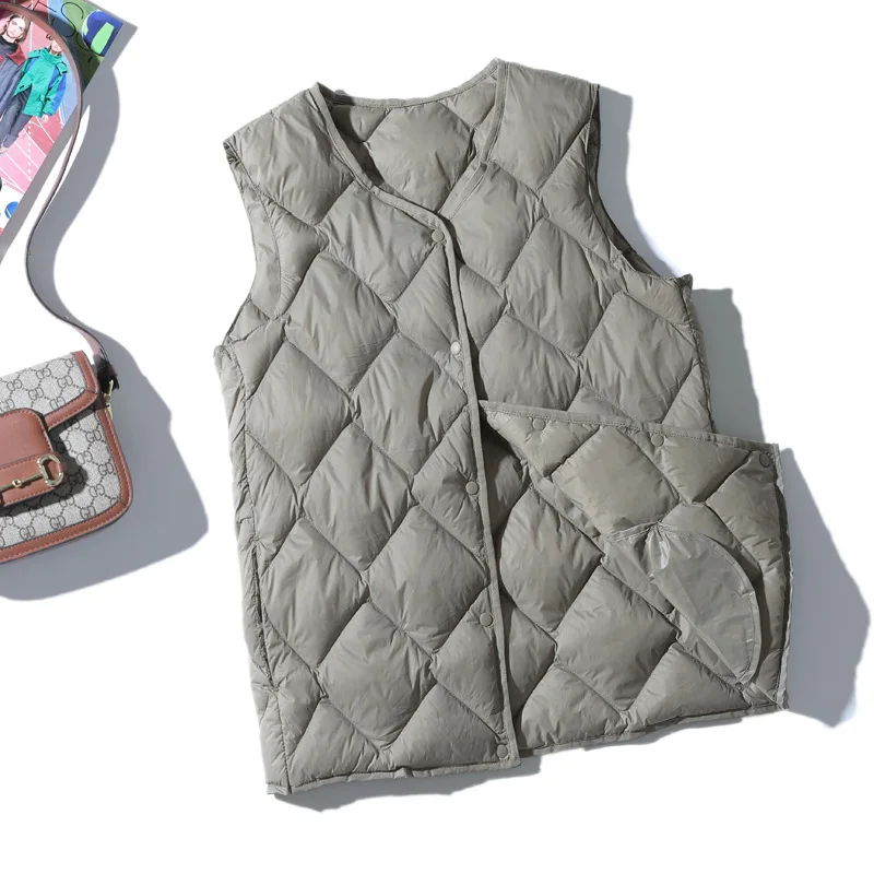 Chaleco de plumón de pato blanco ultraligero para mujer, parka cálida sin mangas, estilo coreano, novedad de 2024