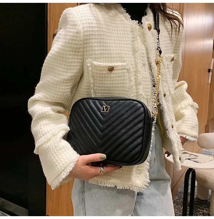 Bolso de mujer Monedero con colcha en V y cadena de metal con cremallera