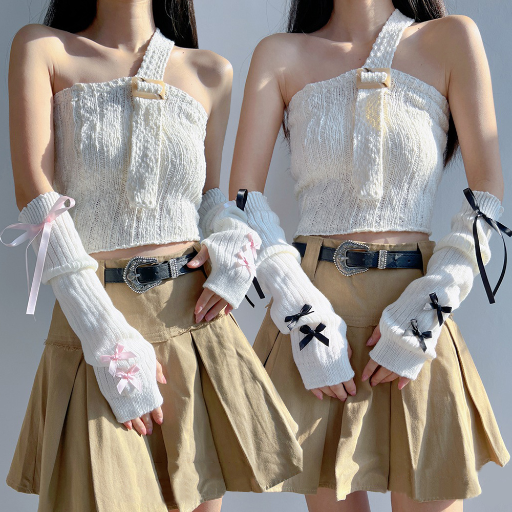 Calentadores de brazo a la moda Y2K para mujer, guantes de punto suaves con lazo, manoplas de medio dedo para mujer y niña, mangas gruesas de Color sólido