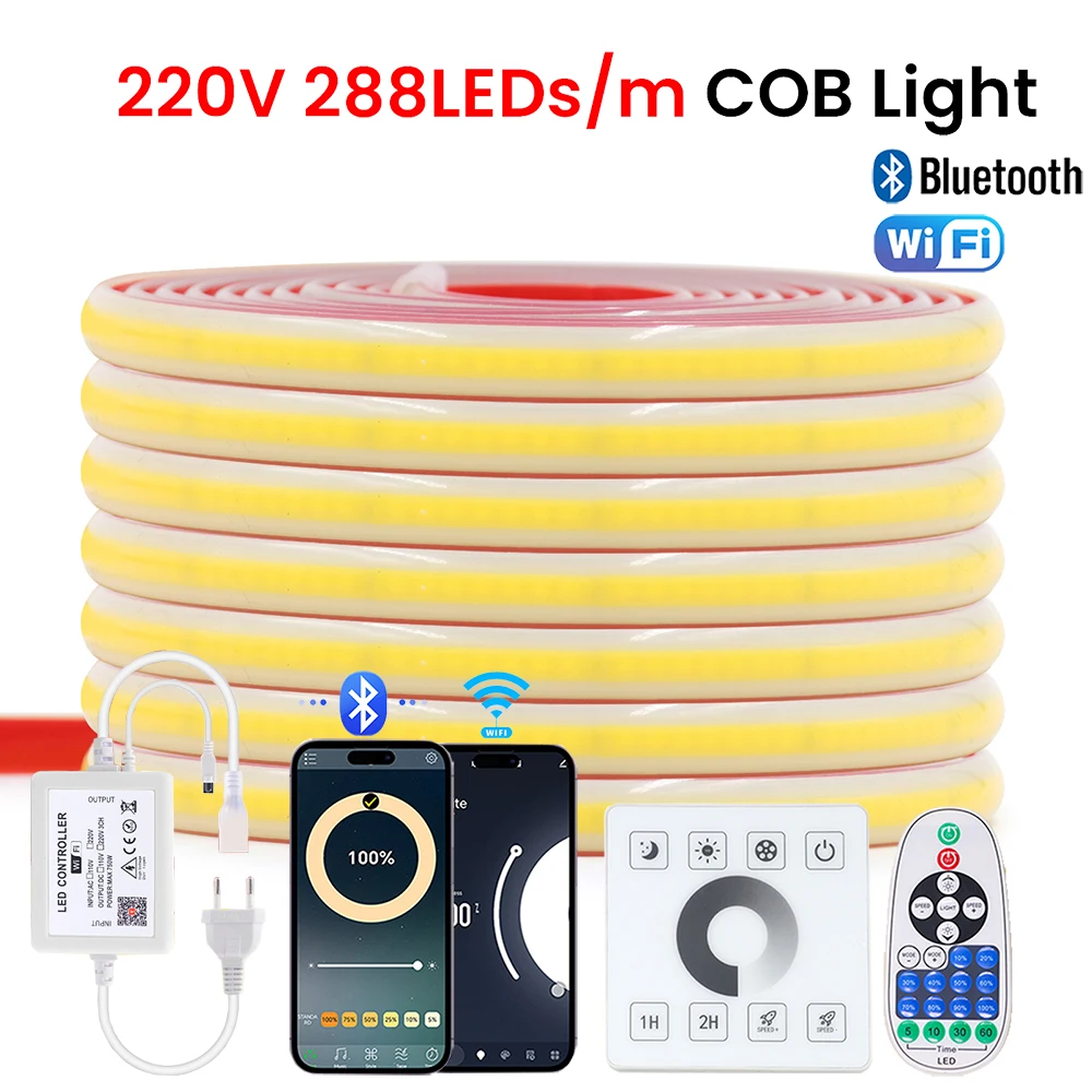 Dimmable 220V COB LED Strip Light WIFI Bluetooth Wall Touch 23key Remote Control Power Kit 288LED Flex Tape IP67 Waterproof Lamp