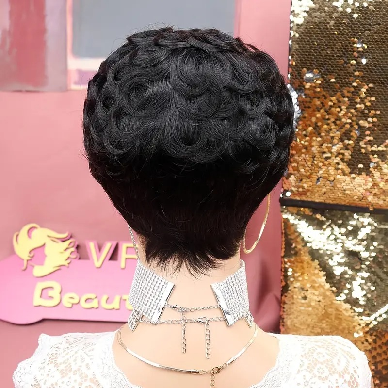 Curto ondulado encaracolado pixie corte completo máquina feita perucas de cabelo humano com bang para preto feminino remy cabelo brasileiro pixie corte peruca