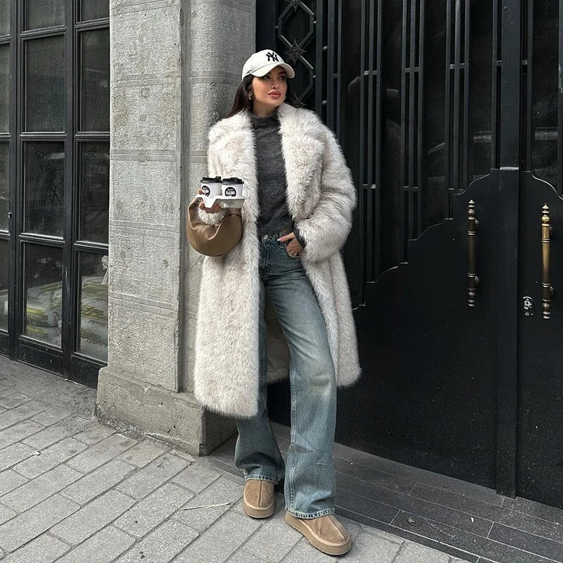 Neo Mint Slouchy Chic Gradient ยาว Eco Faux Fur Coat ผู้หญิงฤดูหนาวหนา Warm Fluffy Fox Fur Jacket แบรนด์แฟชั่นสาวเสื้อกันหนาว