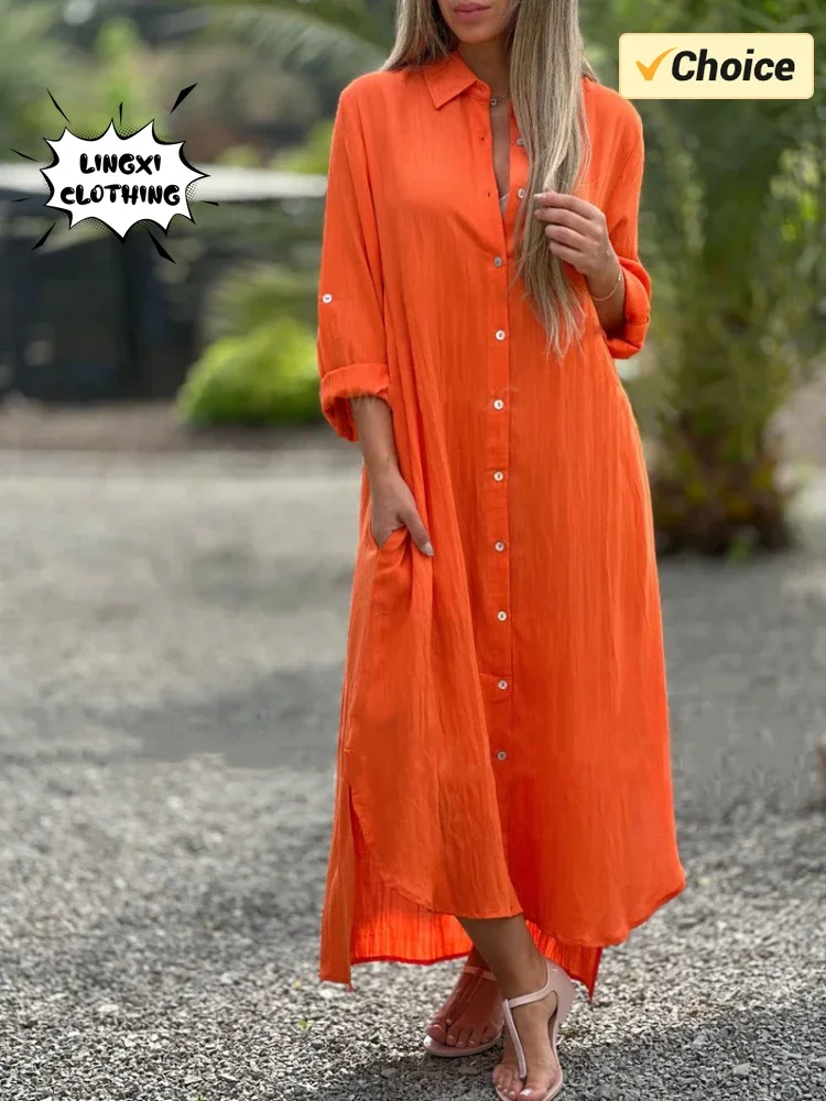 Zomer Nieuwe Dames Katoen En Hennep Plus Size Jurk Elegant Shirt Lange Jurk Modieuze Casual Lange Mouw Strand Stijl Jurk