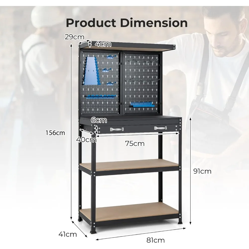 Workbench with Pegboard, Multi-Use Workbench with 4 Shelves, Topping Space,2 Drawer, Robust Metal Frame, Workbenches