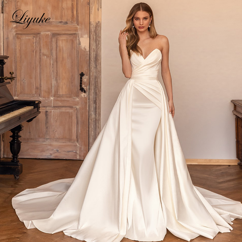 Liyuke elegante Satin 2 in 1 Meerjungfrau Brautkleider geraffte Falten träger los von der Schulter Trompete Brautkleid