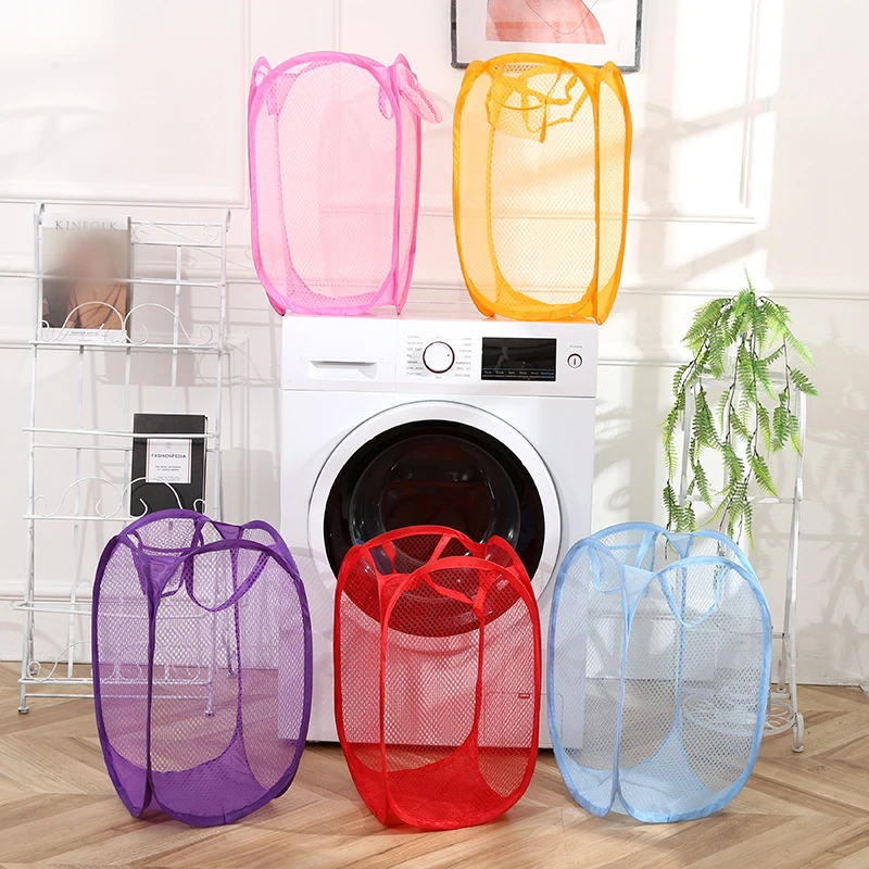 Cesta de roupas sujas dobrável de malha, cesta de roupas sujas minimalista monocromática, cesta de lavanderia de banheiro doméstico
