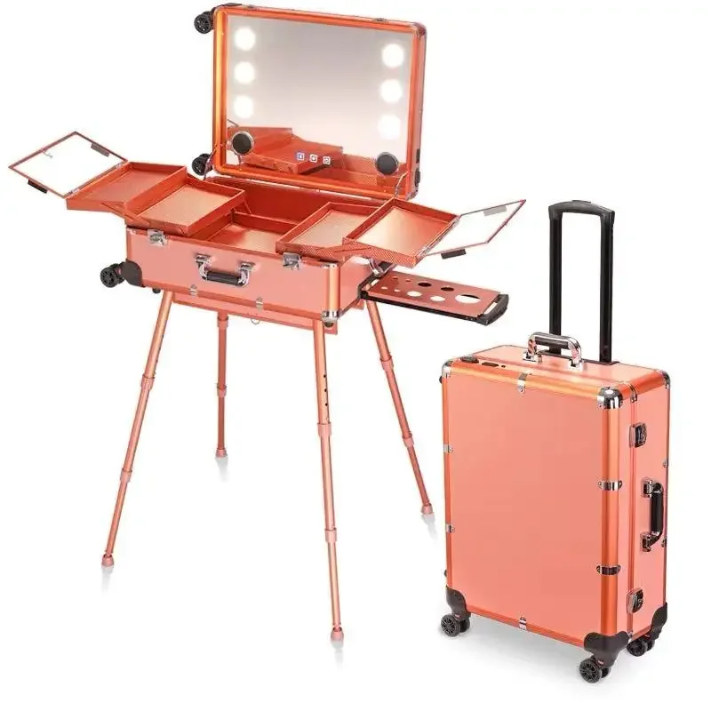 ใหม่ Professional Rolling เครื่องสําอางค์แต่งหน้าความงามรถเข็นกระเป๋าเดินทาง LED Light กระจกกระเป๋าเดินทางกรอบอลูมิเนียมพับตาราง