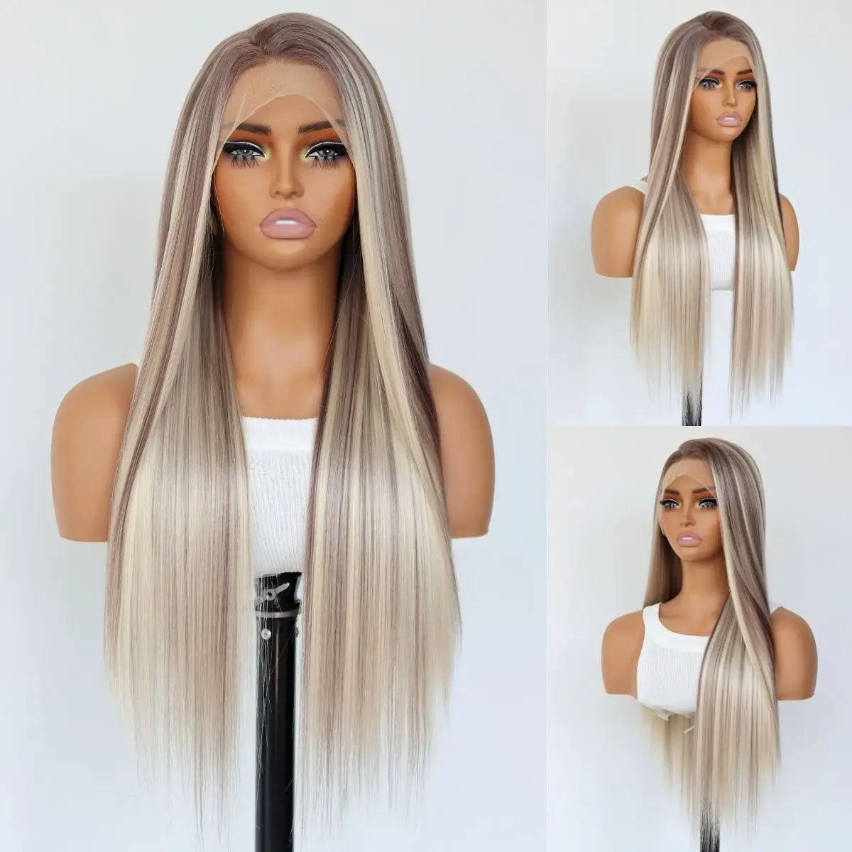 Perruque Lace Front Wig synthétique lisse à reflets blond cendré ombré brun blond mixte 13x4 pour femmes 24 pouces