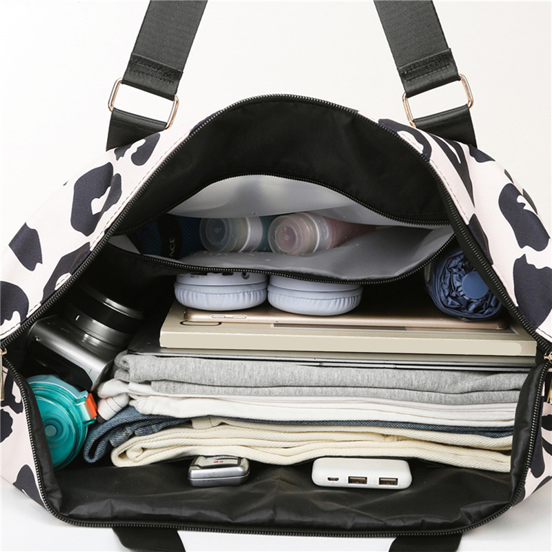 2023 Nova Moda Viagem Duffle Bags Mulheres Leopardo Grande Nylon Tote Fitness Gym Senhoras Weekend Bolsas Molhado E Seco Separação