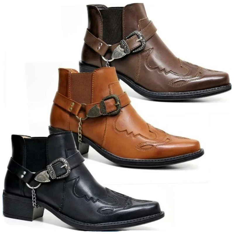 Mode 2024 männer Vintage Cowboy Stiefel Leder High Top Kette Schnalle Punk Schuhe Spitz Biker Stiefel Männer